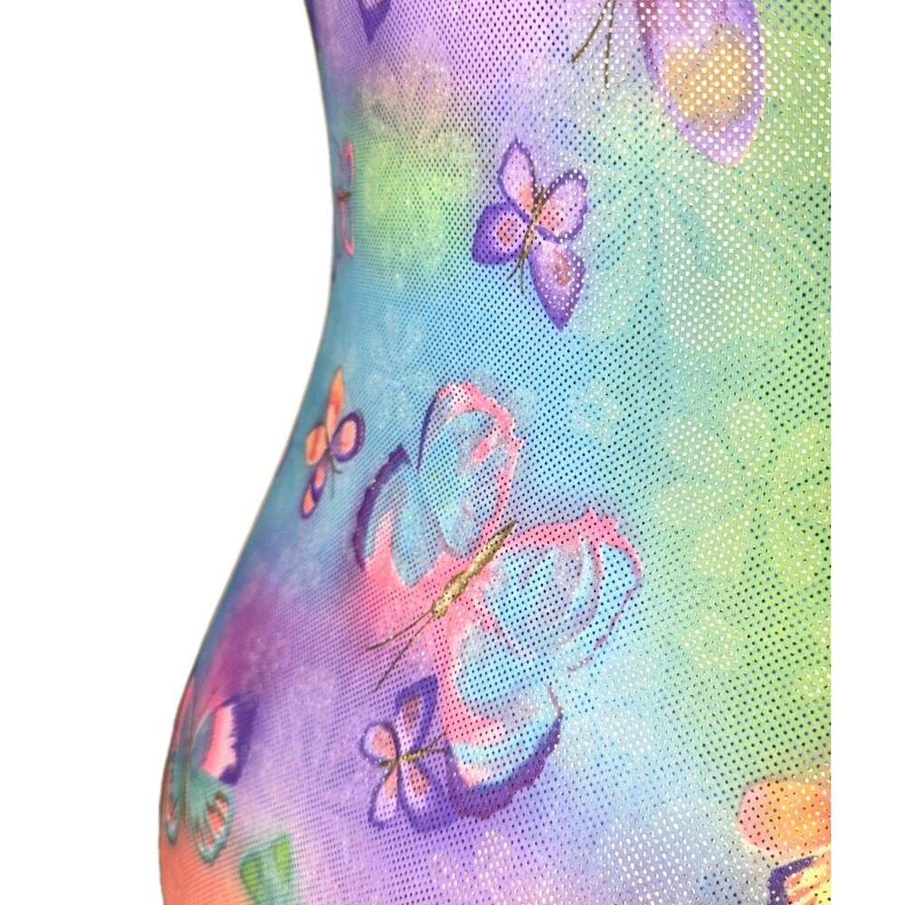 Satara VTG Neon Tie Dye Butterfly Sparkle Accent Tank Crossback Leotard Size AL - Picture 11 of 16